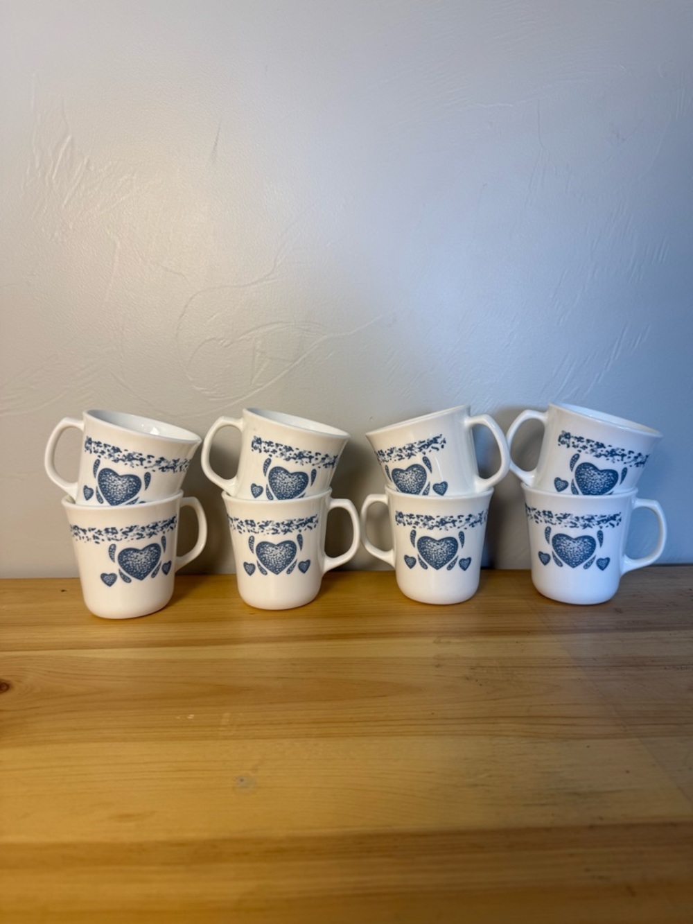 Vintage Corelle Corning Ware Set of 8 Blue Hearts Coffee Mug Tea Cups